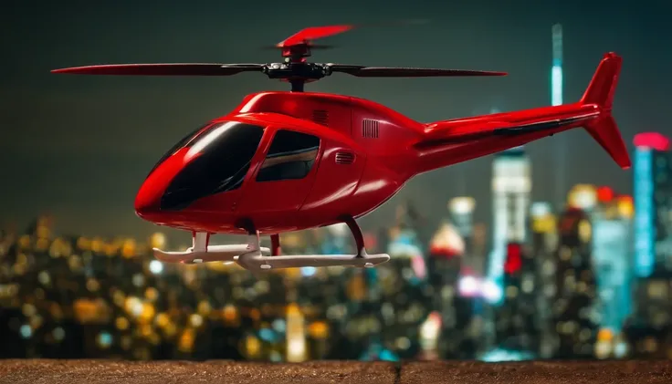 red toy helicopter on ground, new york sity skyline at night in the background