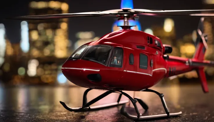 red toy helicopter on ground, new york sity skyline at night in the background