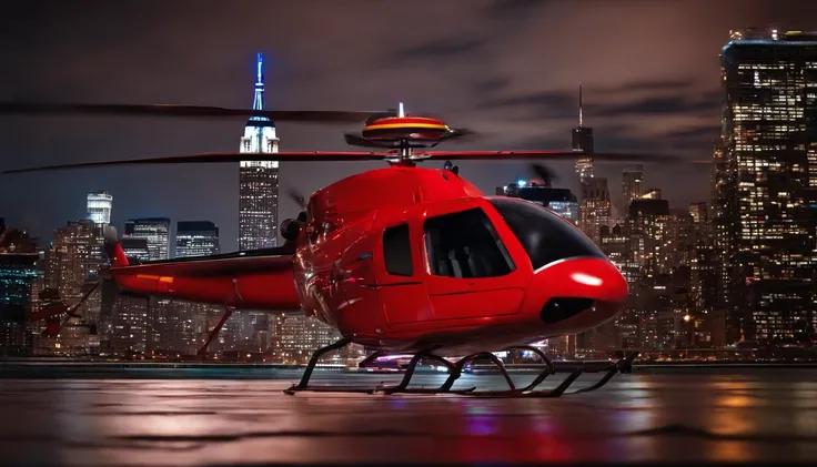 red toy helicopter on ground, new york sity skyline at night in the background