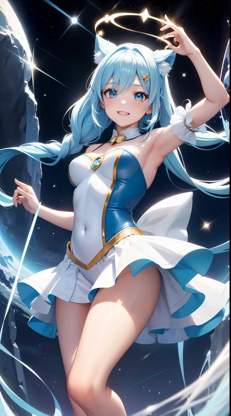 Super Idol　a beauty girl　A charming smile　sky blue hair　length hair　Twin-tailed　Bright yellow and white leotard outfit　Mystical　Fantasia　constellation　a moon　Crystal Brilliance　Aurora Borealis in the Night Sky