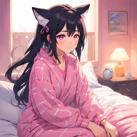 Shy cute foxgirl, black hair tied on two tail, pink eyes, oversized pink pajama, black short, (best quality)+, masterpiece+