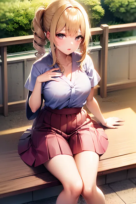 1 girl, Solo, masutepiece, Blonde hair,Open Hairstyles, straight haired,Pink lips, Japan School Shirts, Japan skirt,Cute and beautiful illustrations,Soft, Bracelet, slope.