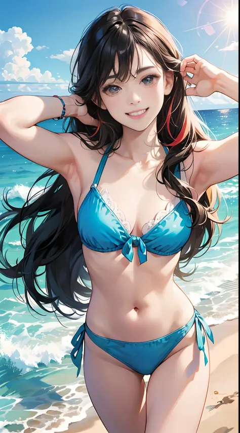 (Best Quality,4K,High resolution), Illustrated selfie delicately expressed with realistic details，Looking at the camera、Point the camera up、the beach，kawaii，sharp eye，grin，Long straight hair with red highlights on black hair，Refreshing bikini，Blue Sky Back...