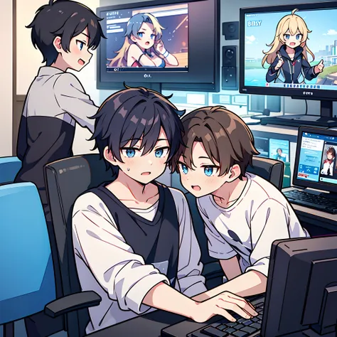 best quality: 1.0), (high resolution: 1.0), 2boy,gay relationship,anime boy, short black hair, blue eyes, sit in front of the co...