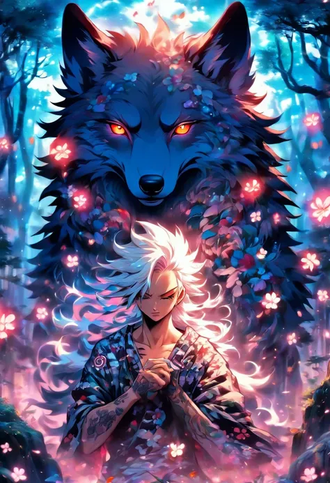 An enchanted wolf spirit, white hair, bright glowing eyes, tons of tattoos and piercings, in the most beautiful enchanted forest, graffiti and kanji elements in the background, cherry blossoms blowing in the wind, highly detailed background, incredibly per...