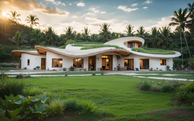 A photographyof a symetrical contemporary house with a organic curved angular rounded corners walls and (((greenroof: 1.5))) with a (((biological pool: 2))) in tropical backyard, white plaster (((rustic mud stucco))), (((wave shape greenroof with a wood ed...