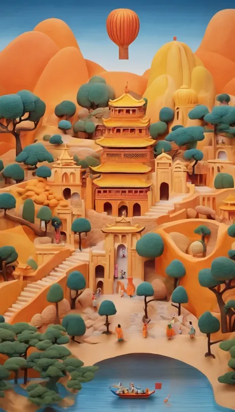 Ancient painting giant pen, Poetic, beijing, Great Wall of China, balloons，closeup cleavage, Gradient, Golden architecture, Orange background, Trees and emperors decorate paradise