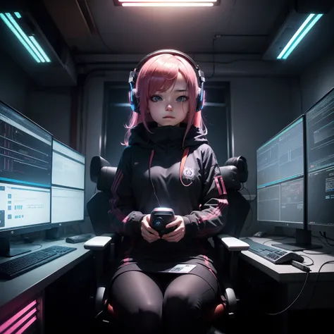 ((masutepiece)), (((Best Quality)))), ((Illustration)), (depth of fields: 1.2),Solo,Dynamic Angle,1 girl,Hacker beautiful 15 year old medium skin colored girl, Indoors, Room, dim room, scientific fiction, neons, neon light, Cyberpunk, Computer Lab, gaming ...