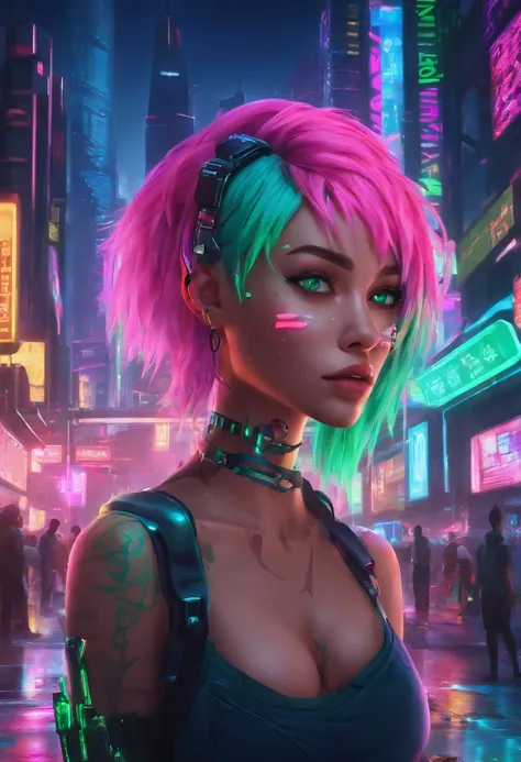 woman, Realistic character, Green hair，Pink hair, Blue eyes, anime big breast, Alone, modern, cyber punk perssonage