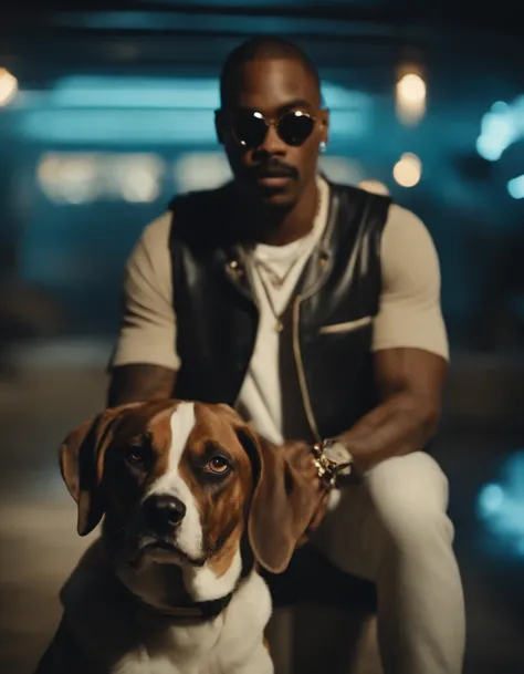 Snopp dogg com cara de cachorro ciborg em um mundo futurista