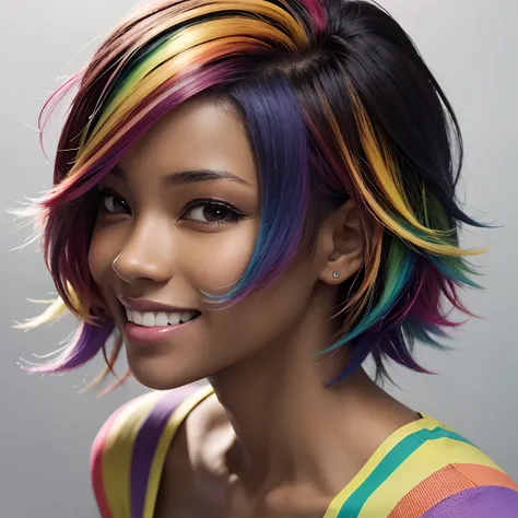 rainbow highlights, woman, front facing, facing forward, lookong at viewer, bright colors, vivid colors, bright hair, vivid hair...