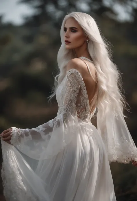 girl with semi transparent white dress with long white hair