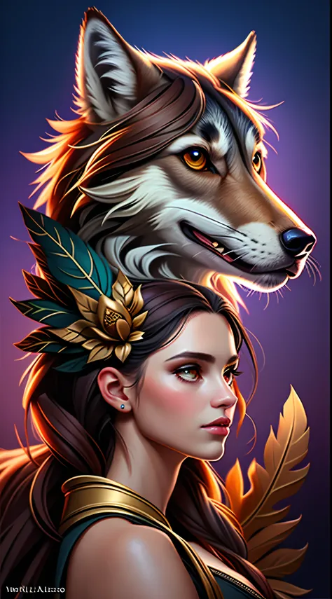 a woman with a wolfs head and feathers on her head, 8k arte detalhada de alta qualidade, wolfgirl, estilo de arte impressionante, bela arte digital, extremely high quality artwork, female anthropomorphic wolf, Arte digital altamente detalhada em 4k, Bela a...