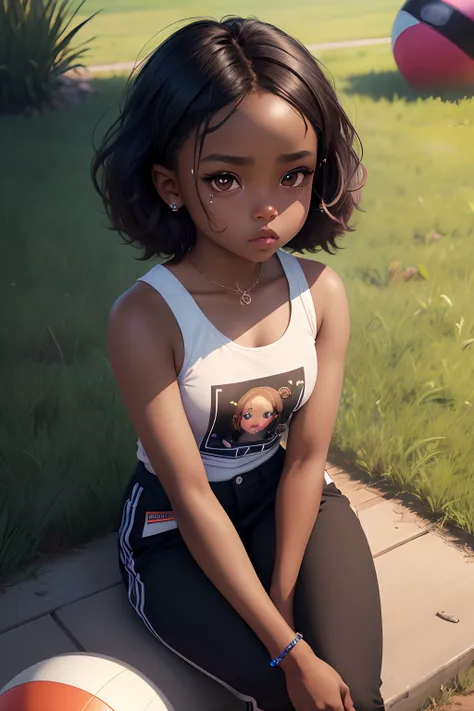 realistic portrait of cute African American baby ((dark brown skin color)), big eyes, sitting playing with a ball, ((chibi)), ((ball)), ((grass)), wearing tank top, black pants and black shoes, current fashion, kanekalon style hair, dark lighting backgroun...