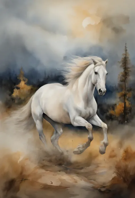 is a cinematographic composition that depicts a lone figure on a white horse, accented by a light golden hue and a sense of movement. The overhead shot creates a collaged effect, with trunks of trees and stormy skies in the background, adding to the drama ...