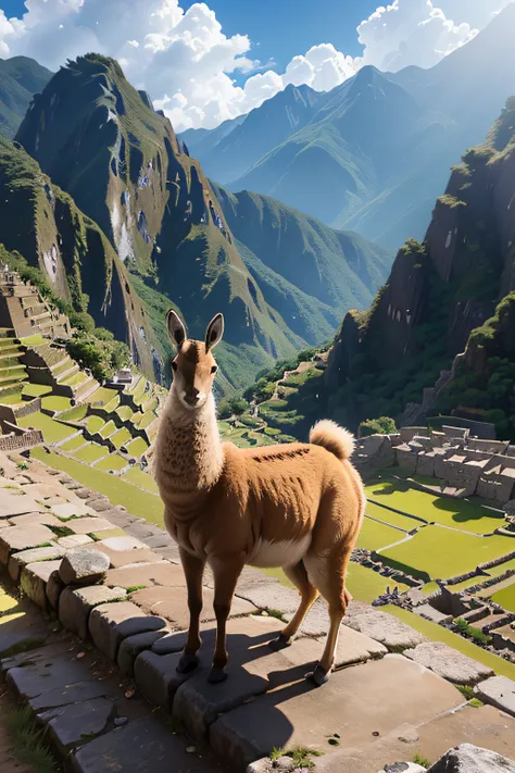 "Imagine a scene in majestic Machu Picchu, where a beautiful vicuña, symbol of the Andean fauna, moves gracefully among the ancient Inca ruins. Its soft, luxurious fur stands out against the backdrop of the centuries-old stones and native vegetation surrou...