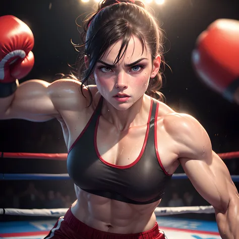 (best quality,8k,realistic,photorealistic:1.2),boxer,wearing a tight and sweaty outfit,athletic,boxing ring,combat,sweat dripping,adrenaline rush,muscular body,boxing gloves,boxing stance,focused expression,professional lighting,colorful background,sharp f...