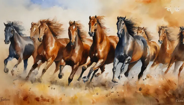 Nine horses，Nine Jun Diagram, watercolor colored painting, watercolor paiting, watercolor paiting, Watercolor painting, water color art on paper, watercolor on canvas, detailed watercolour, colorful watercolor painting, watercolour on paper, watercolor pai...