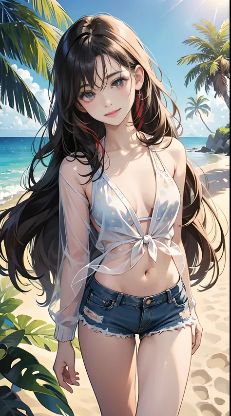 (Best Quality,4K,High resolution), Delicately expressed illustrations with realistic details、Looking into the camera，the beach，kawaii，Frolic and laugh，Long straight hair with red highlights on black hair，see through cardigan，Bikini bra，Denim shorts，Blue Sk...