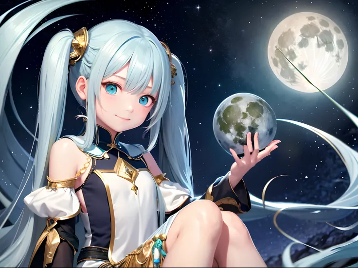 top-quality、​masterpiece、1girl in、long hair of dark light blue color、emerald eyes、Priestess clothing、look up to、The upper part of the body、Hair strands、light skinned、twintails hairstyle、Big yellow full moon on background、Open your mouth slightly and smile、...