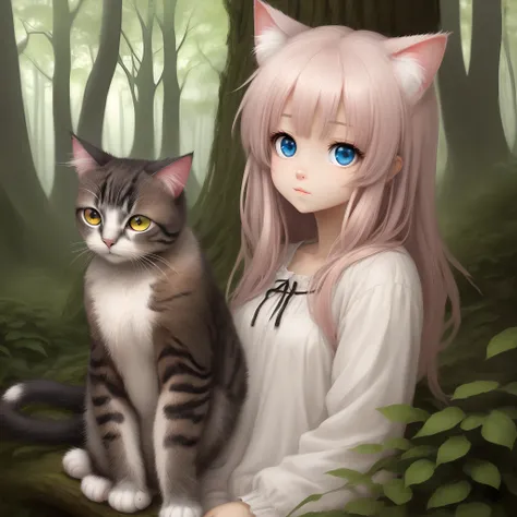 Cute, anime, cat, best quality, pretty eyes, fluffy, forest