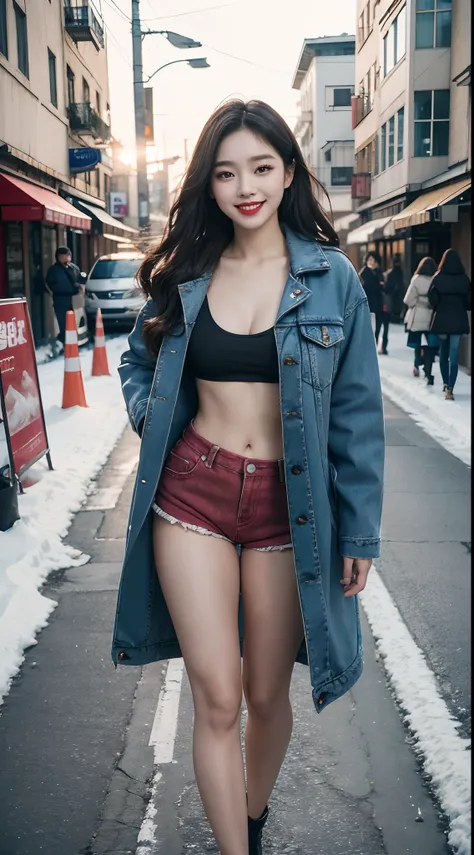 best quality, 4k, 8k, Detailed faces, clear face, pretty girls, Korean makeup, Red lips, laugh, perfect body, big breasts, thigh, The girl wears a long and wide coat, jean jacket, Underneath the jacket was a toptube and tight short shorts, lower abdomen, S...