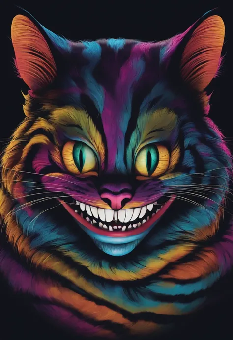 Cheshire cat from Alice in Wonderland smiling, flutuando em um fundo preto, corpo inteiro (criado com IA generativa