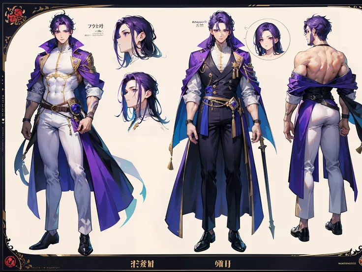 ((Masterpiece, Highest quality)), Detailed face, character design sheet， full bodyesbian, Full of details, frontal body view, back body view, Highly detailed, Depth, Many parts, Muscle boy with purple hair，handsome man, muscle body, white outfit male gods,...