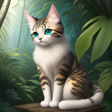 Pretty, cute, anime, only one cat, fluffy fur, best quality, pretty eyes, jungle, 8k full hd