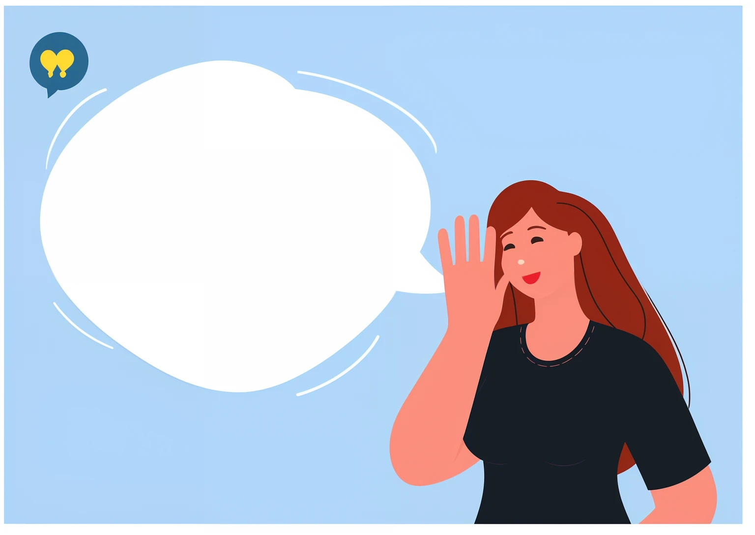 illustration of a woman with a speech bubble in her hand, cartoon illustration, funny illustration, simple and clean illustration, without text, simple illustration, cartoon style illustration, wikihow illustration, hand over mouth, dialog text, speech bub...