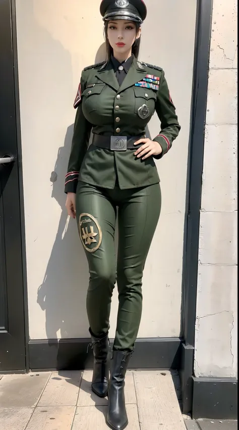 physically-based rendering, 1girl, Female soldier, (huge fake breasts:1.2), (street city), sexy muscular body, slim waist, big buttocks, (Full body:1.3), walking, skintight army pants, (military uniform:1.3).