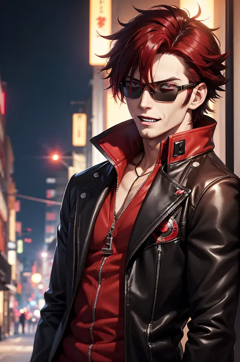 anime character with dark hair with red highlights and a black jacket, with red hair, scruffy face hair, transparent glasses, an...