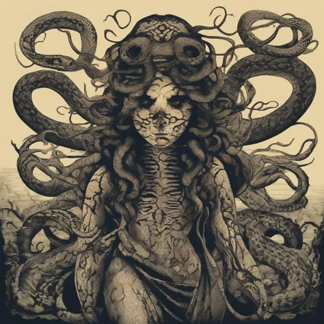 Medusa, hand drawn ink on paper illustration, vintage 2d line art, double exposure, optical illusion, snake skin dress, (face, ornate black metal corpse paint, resembles Grace Jones), (art style "Sean Gordon Murphy" comic drawing, splash panel), body drawn...