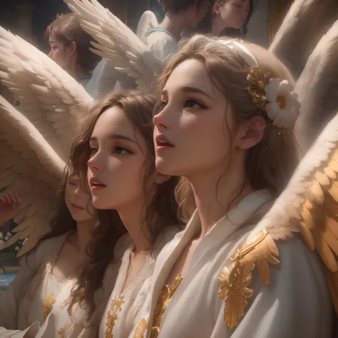 Top quality masterpieces in 8K, Featuring real people. The realism is impressive, In highly detailed CG, Glossy skin, and fully focused.
break
Set in Heaven, Filled with the glory and shining light of God.
break
Angels exude a sense of blessing and happine...