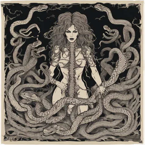 Medusa, hand drawn ink on paper illustration, vintage 2d line art, double exposure, optical illusion, snake skin dress, (face, ornate black metal corpse paint, resembles Grace Jones), (art style "Sean Gordon Murphy" comic drawing, splash panel), body drawn...