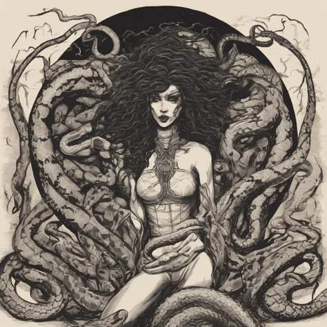 Medusa, hand drawn ink on paper illustration, vintage 2d line art, double exposure, optical illusion, snake skin dress, (face, ornate black metal corpse paint, resembles Grace Jones), (art style "Sean Gordon Murphy" comic drawing, splash panel), body drawn...