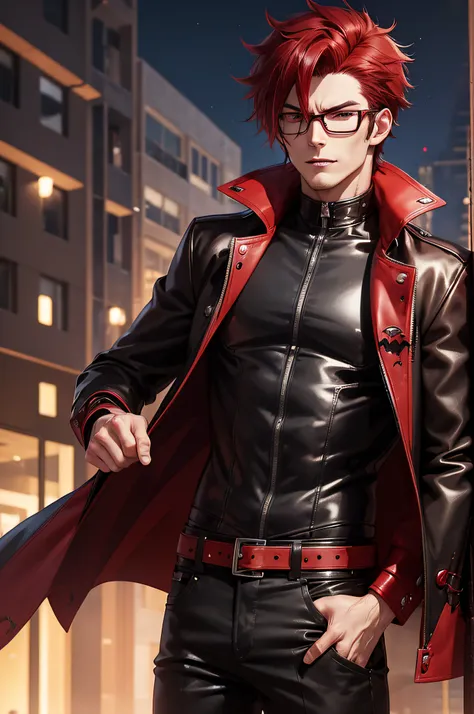 sexy male anime character with dark hair with red highlights and a black jacket, with red hair, scruffy face hair, transparent g...