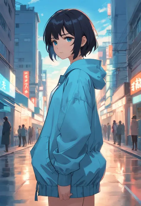 1girl, female, medium breasts, large ass, wearing a long oversized light blue windbreaker, short black hair, standing straight, facing the camera