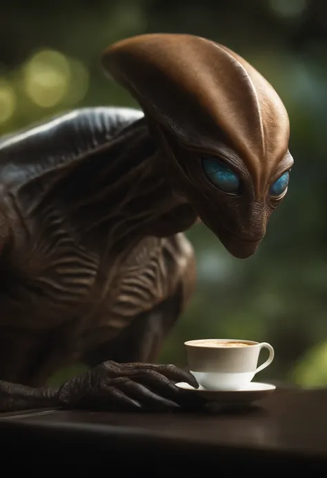 An alien creature with a flattened head, 2 ojos negros, sipping a coffee , [插圖] durante (La mejor calidad,4k,8k,altas,Pieza maestra:1.2), Ultra detallado, (realista,fotorrealista,fotorrealista:1.37), HDR, UHD, Studio lighting, extreme detail description, p...