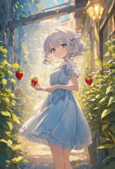 Girl Standing In The Garden,Silver hair,Glasses,Blue eyes,Cat ears,White dress,Eating strawberries,Lori,Delicate curves,Guweiz-inspired artwork,soft anime illustration,Cute Girl,Detailed Digital Anime Art,(((Excludes arm frills))),Best Quality,4K,8K,hight ...