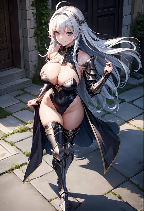 Woman knight、a beauty girl、huge tit、Excellent style、Nice Buddy、glamorous、Black leotard armor、Bra Armor、gauntlets、greave、hair adornments、silber hair、Longhaire、Ahoge、Medieval city、outside of house、Walking、full body seen、a smile、