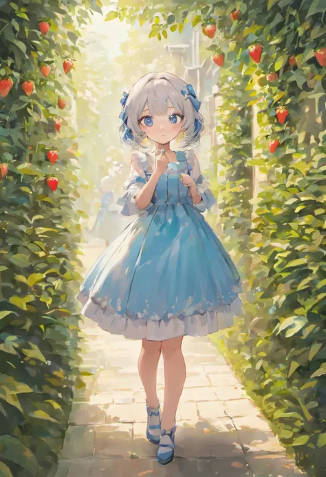 Girl Standing In The Garden,Silver hair,Glasses,Blue eyes,Cat ears,White dress,Eating strawberries,Lori,Delicate curves,Guweiz-inspired artwork,soft anime illustration,Cute Girl,Detailed Digital Anime Art,(((Excludes arm frills))),Best Quality,4K,8K,hight ...