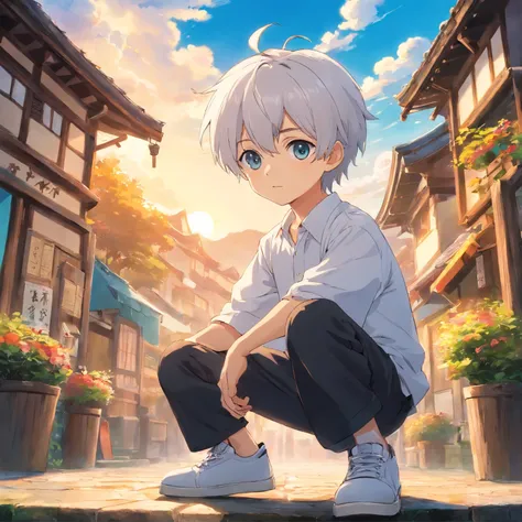 Cute cute anime boy cute child with medium cute white hair cute white shirt with sleeves cut with black pants white shoe , Anime Art Wallpaper 8K, Anime Wallaper, estilo anime 4K, Anime Art Wallpaper 4K, Anime Art Wallpaper 4K, Estilo anime bonito, menino ...