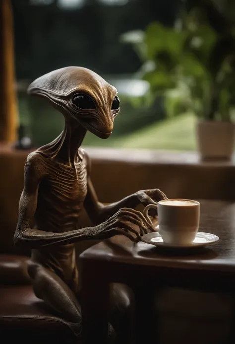 An alien creature with a flattened head, 2 ojos negros grandes, Having coffee with another alien of his kind , [插圖] durante (La mejor calidad,4k,8k,altas,pieza maestra:1.2), ultra detallado, (realista,fotorrealista,fotorrealista:1.37), HDR, UHD, Studio lig...