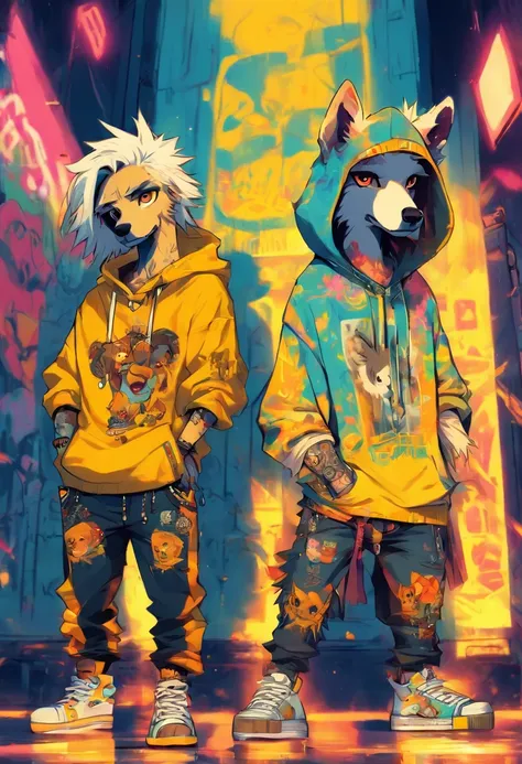 Two cool and trendy dogs talking to each other, White hair, Yellow eyes, Wear trendy hip-hop clothes, Wearing a hoodie, Graphic T-shirt and ripped jeans, Lots of tattoos and piercings, Doodle style background, Highly detailed background, perfect masterpiec...