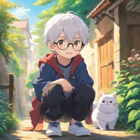 Cute, cute anime, cute child, cute child with white hair, cute white glasses, cute white shirt with sleeves cut with black pants, white shoe  , Anime Art Wallpaper 8K, Anime Wallaper, Estilo anime 4K, Anime Art Wallpaper 4K, Anime Art Wallpaper 4K, Nice an...