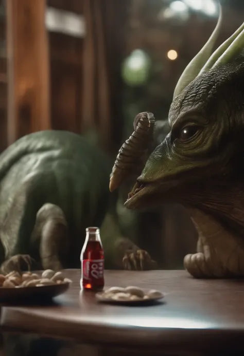 An alien creature with a flattened head, 2 ojos negros grandes, Drinking coke with another alien of his kind , [插圖] durante (La mejor calidad,4k,8k,altas,pieza maestra:1.2), ultra detallado, (realista,fotorrealista,fotorrealista:1.37), HDR, UHD, Studio lig...