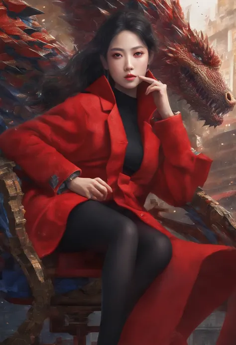 Woman in red coat sitting on chair with dragon, popular on ArtStation Pixiv, Detailed anime artwork, Detailed Digital Anime Art, Complex gorgeous anime CGI style, Gubes at Pixiv Art Station, Pixiv Gbes, anime fantasy illustration, detailed anime art, clean...