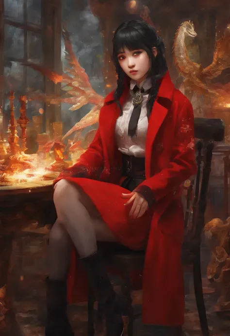 Woman in red coat sitting on chair with dragon, popular on ArtStation Pixiv, Detailed anime artwork, Detailed Digital Anime Art, Complex gorgeous anime CGI style, Gubes at Pixiv Art Station, Pixiv Gbes, anime fantasy illustration, detailed anime art, clean...