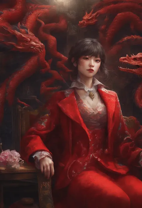 Woman in red coat sitting on chair with dragon, popular on ArtStation Pixiv, Detailed anime artwork, Detailed Digital Anime Art, Complex gorgeous anime CGI style, Gubes at Pixiv Art Station, Pixiv Gbes, anime fantasy illustration, detailed anime art, clean...